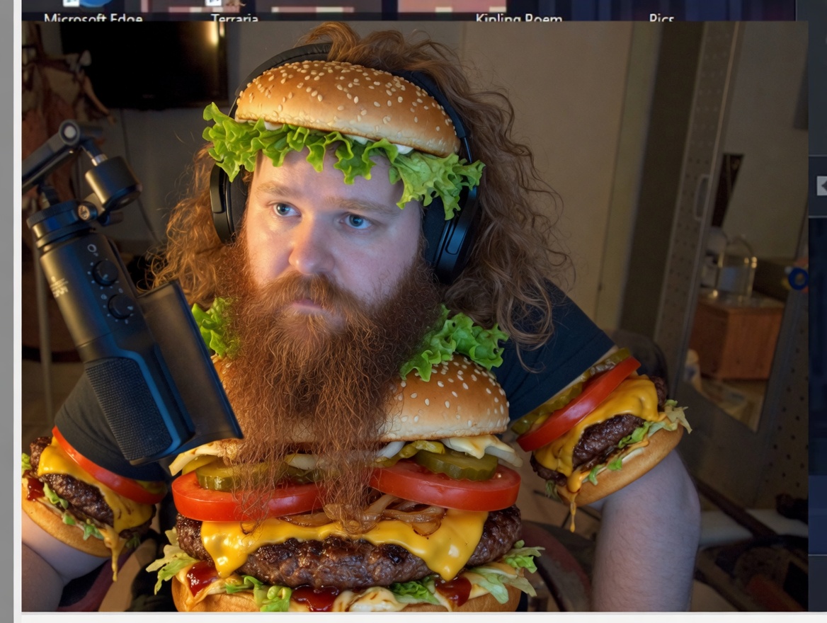 The Prophet transfigured on stream, adorned entirely in burgers