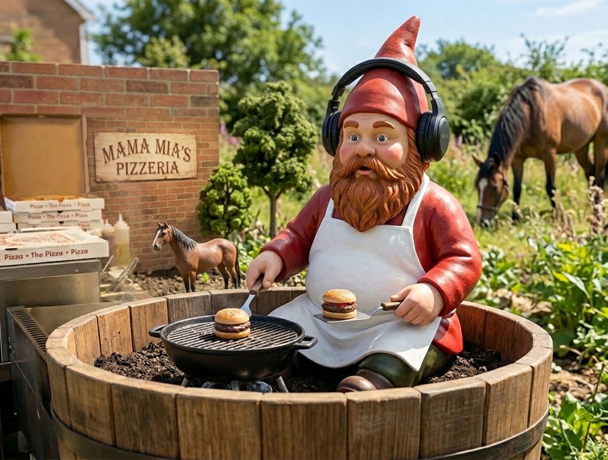 A garden gnome in the Prophet's likeness grilling tiny burgers while horses watch