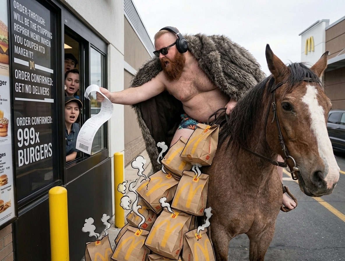 The Prophet on horseback ordering 999 burgers at a drive-thru